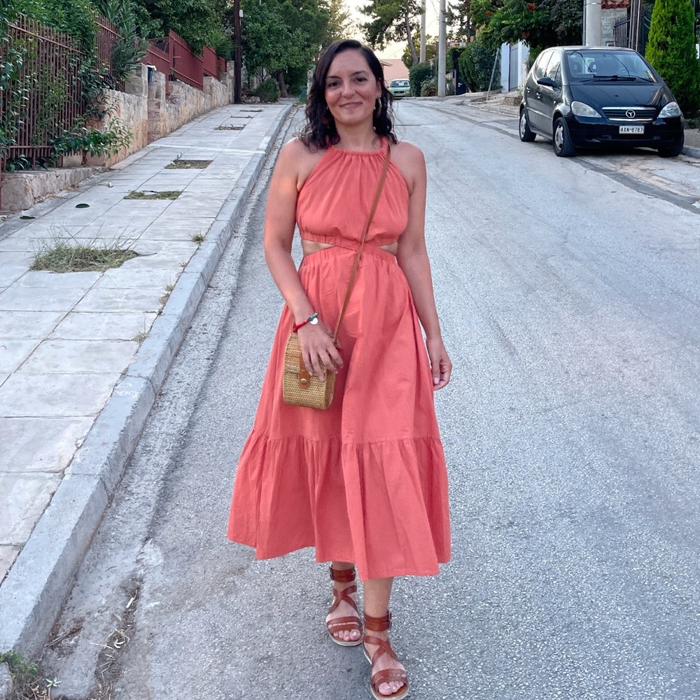 By the River Coral Color Halter Cut Out Maxi Dress